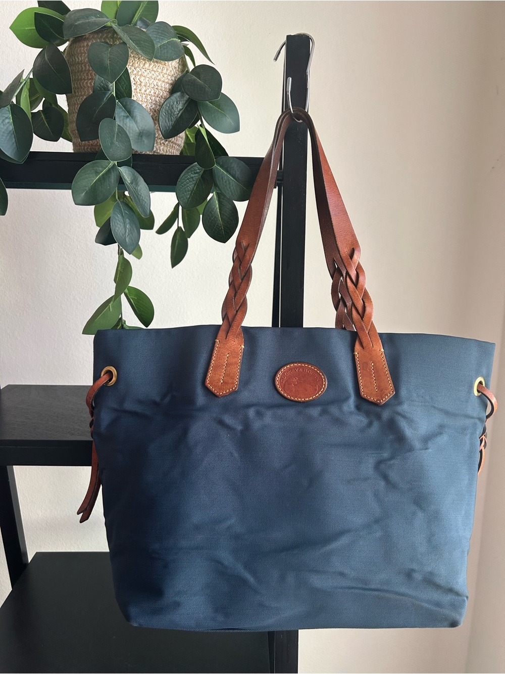 Dooney and Bourke Navy Nylon Shopper Tote with Braided Leather Handles!